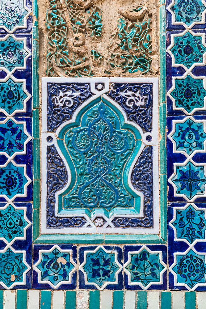 Samarkand, Uzbekistan, Central Asia. Decorative tile work at the Shah-i-Zinda.